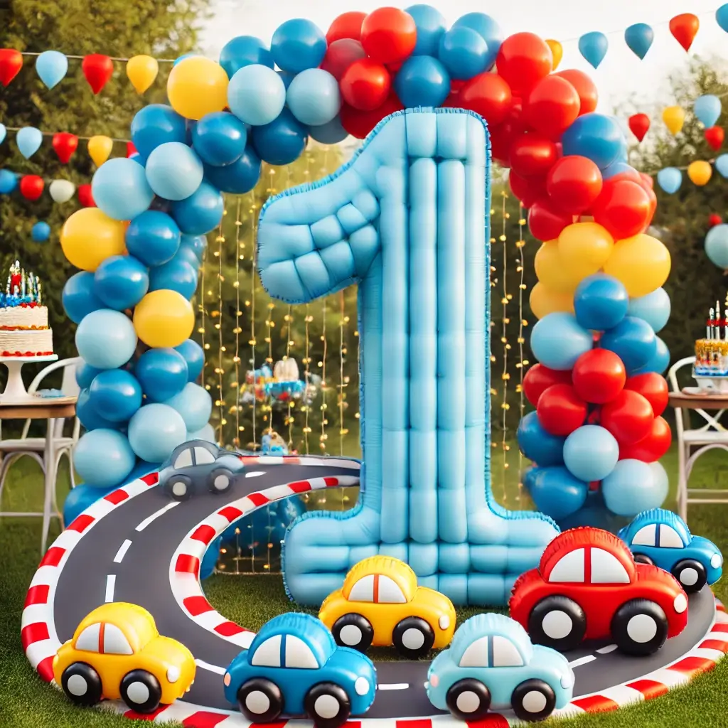 A balloon garland in blue, red, and yellow with small car cutouts.
