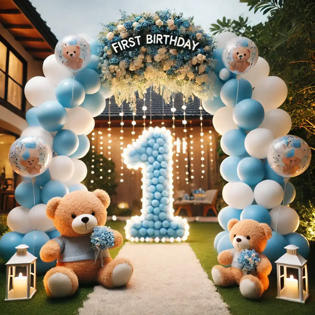 A blue and white balloon arch with teddy bears