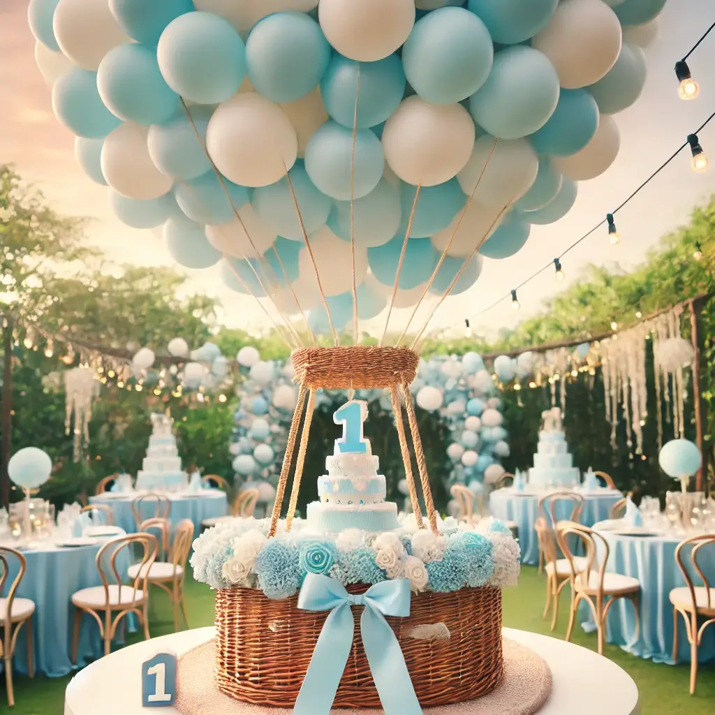 A large wicker basket with pastel blue and white balloons.