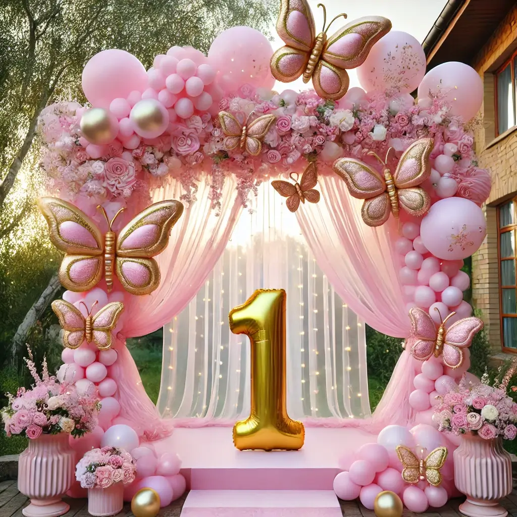 A pastel pink and gold balloon arch with butterfly