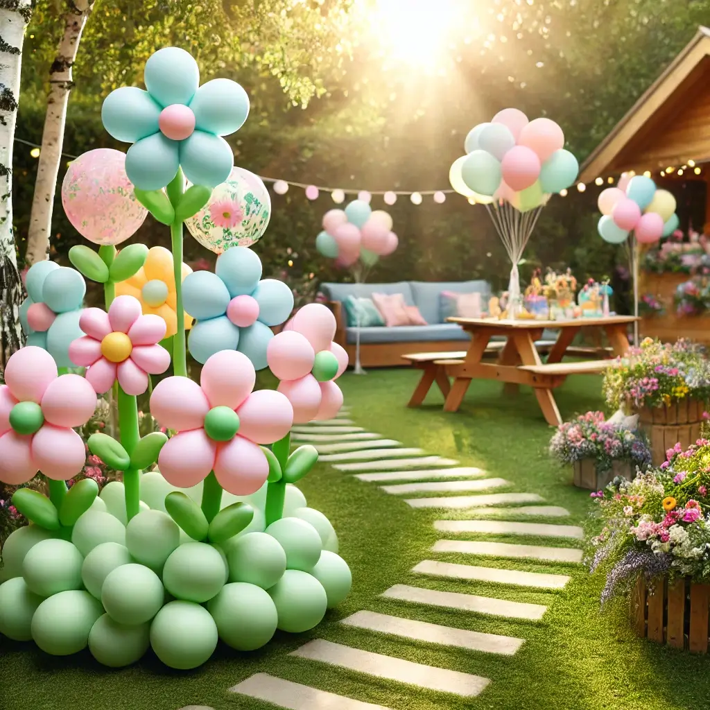 Clusters of pastel balloons shaped like flowers with green balloon stems are planted along