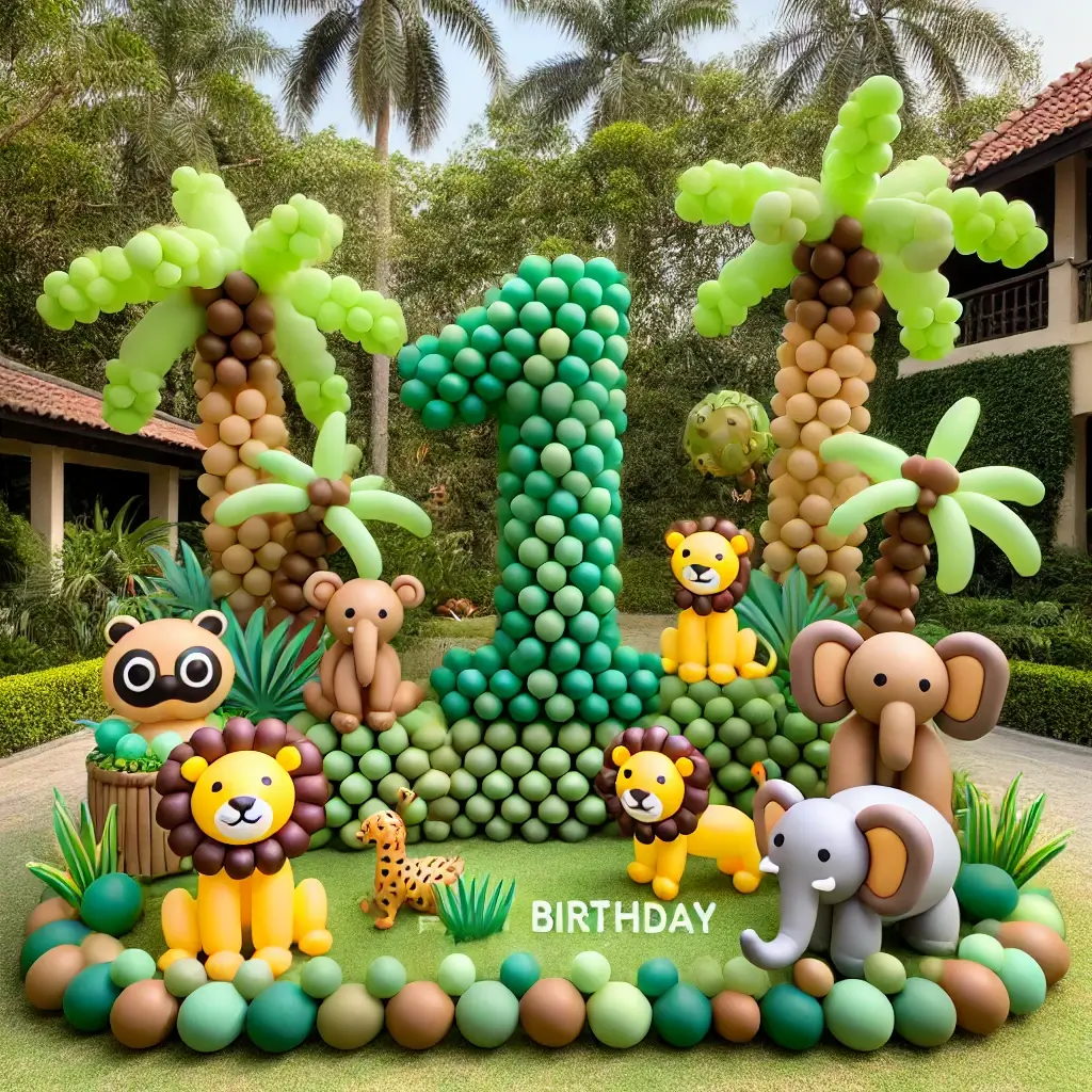 Green, yellow, and brown balloons forming palm trees, jungle.