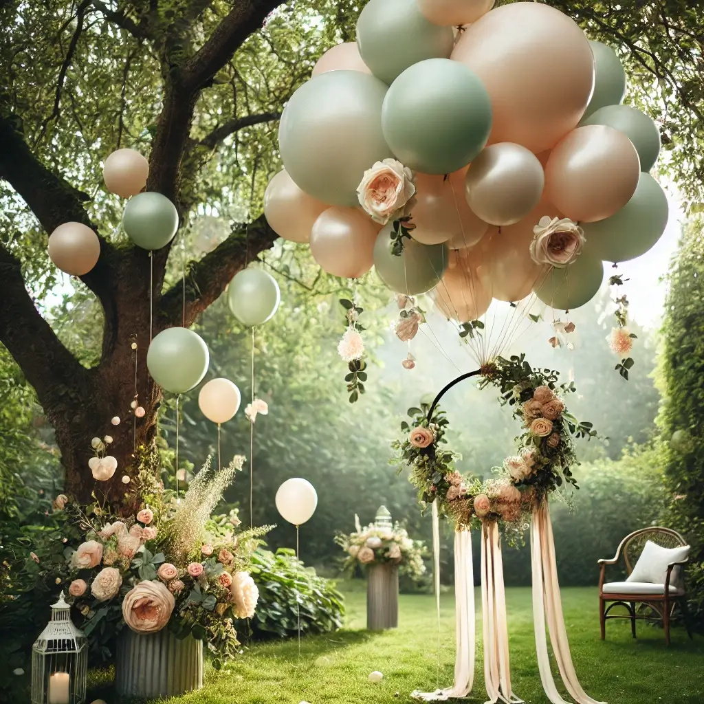 cluster of helium balloons in sage, blush, and ivory. The balloons are tied to a hoop