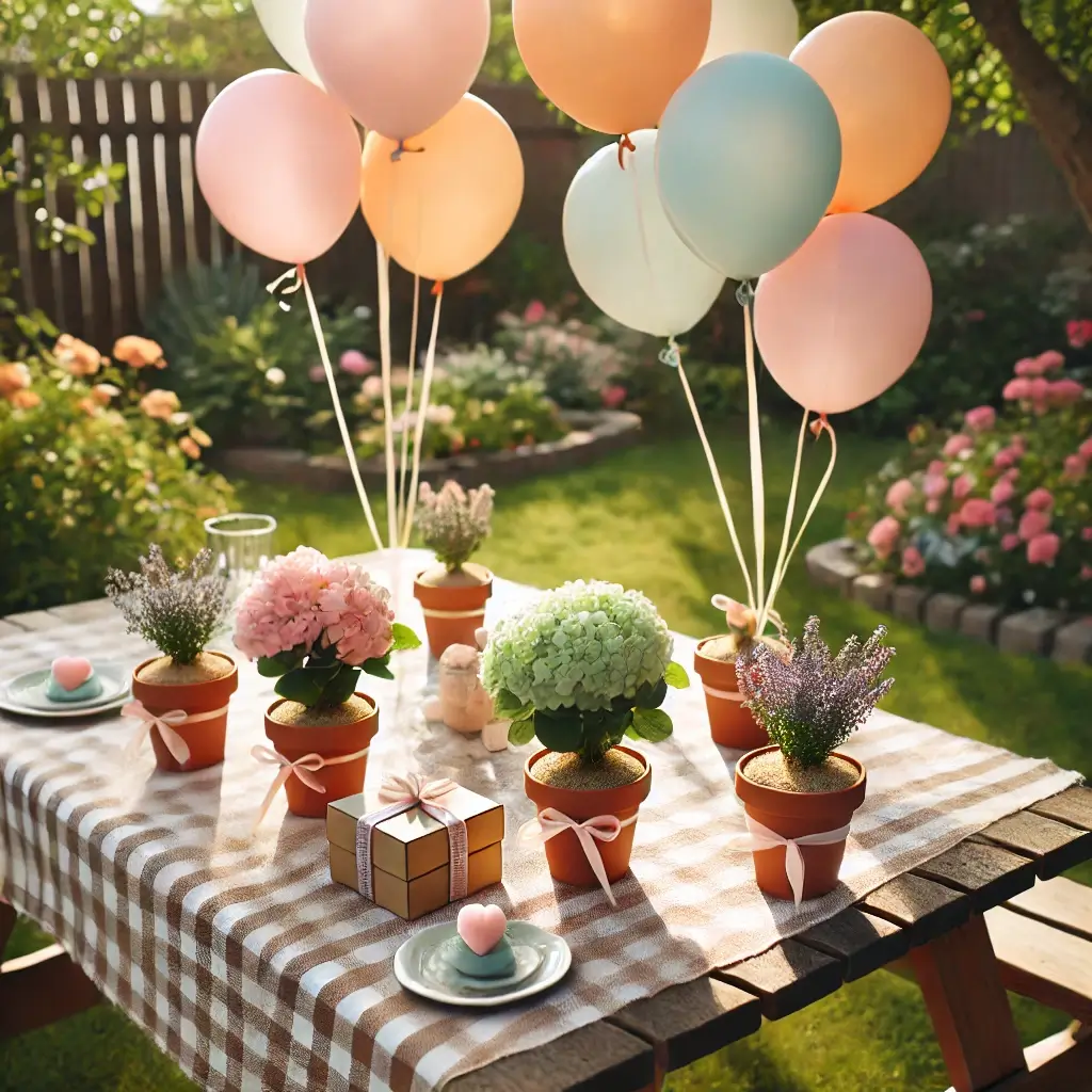 flowerpots filled with sand, each holding a bouquet of three to five balloons