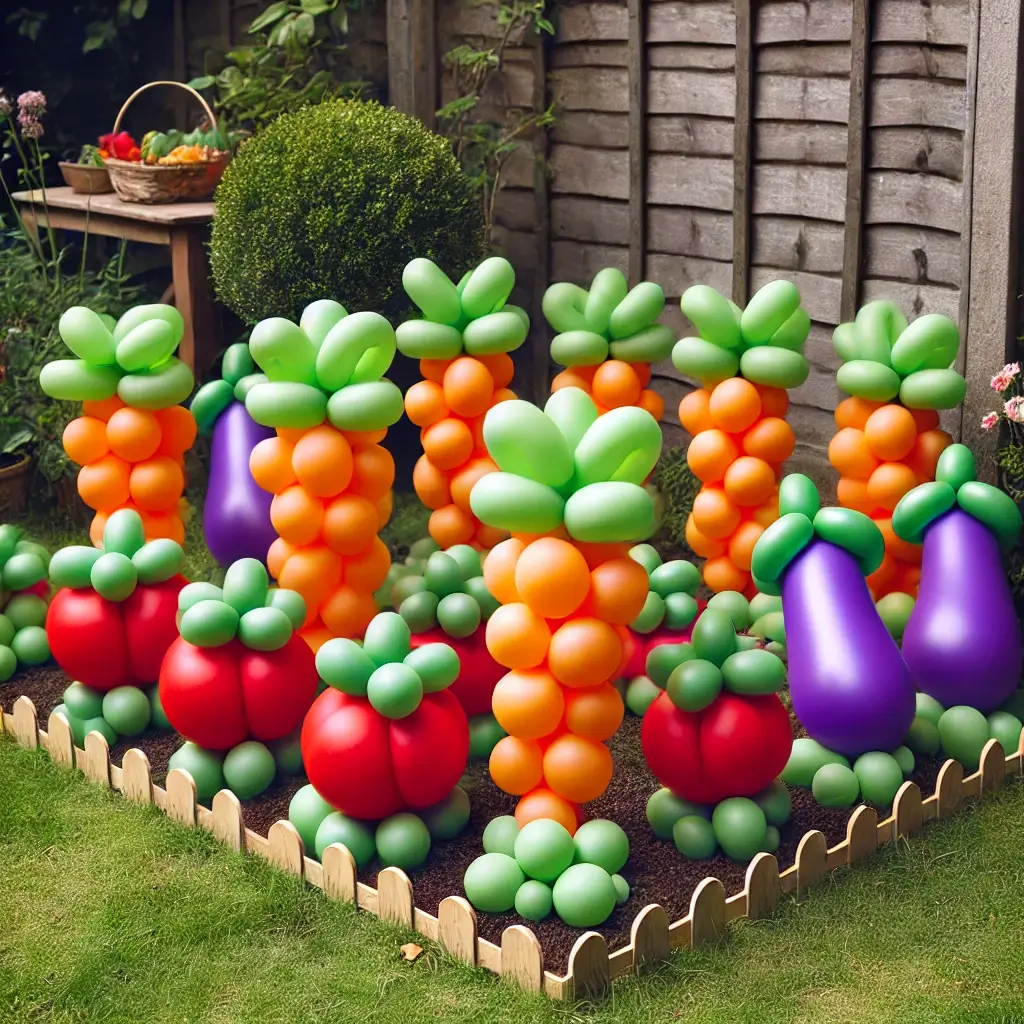 mini 'veggie patch' made of balloon vegetables. Orange balloon carrots with green ribbon tops