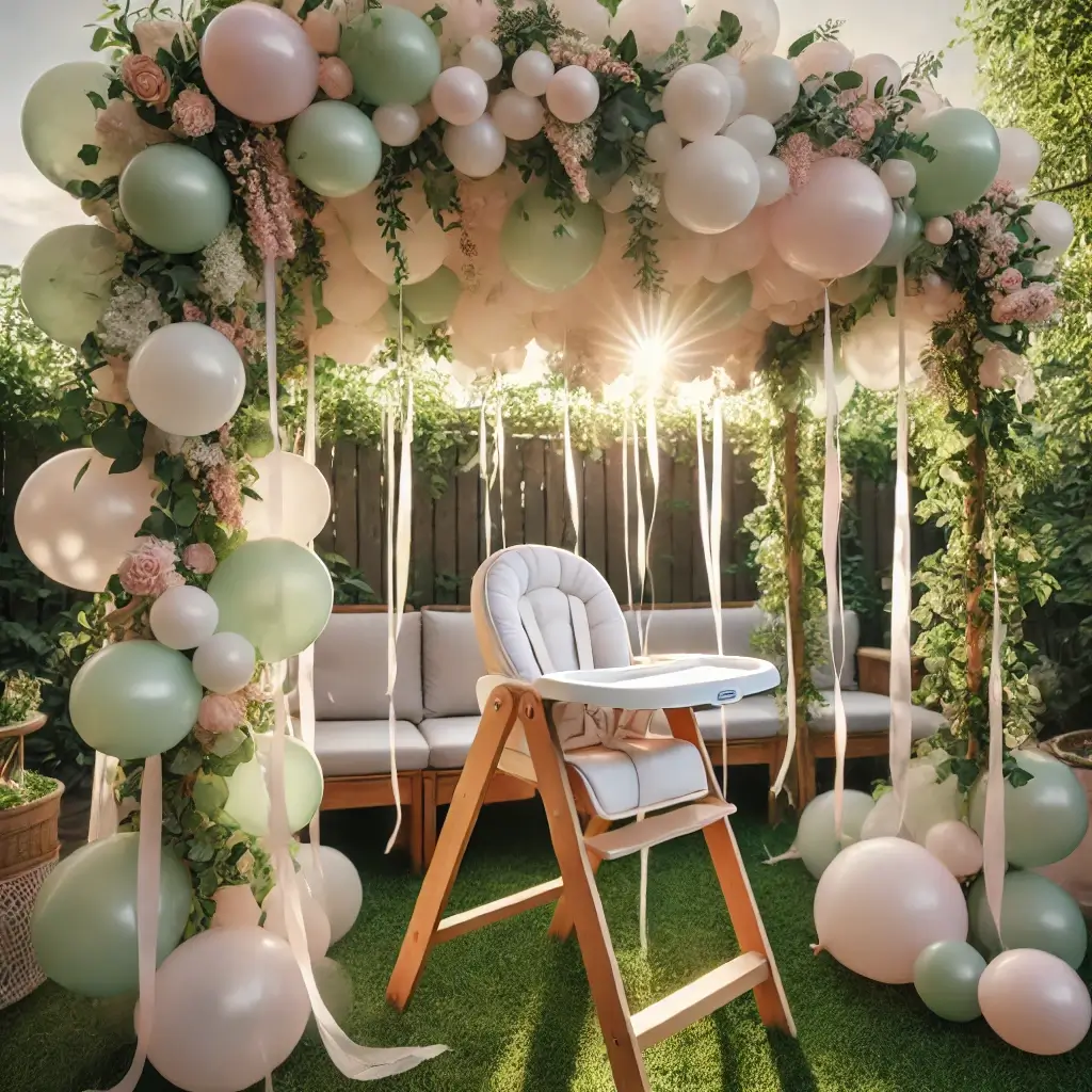 soft green, white, and pink helium balloons. The balloons have trailing ribbons